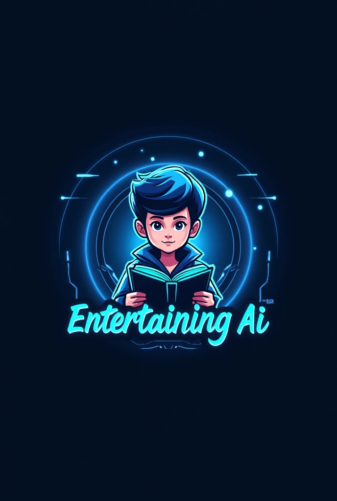 This is a logo that features the name "Entertaining Ai" in a futuristic font and a neon blue color. and Boy with book avatar, The logo also has a stylized book icon and a YouTube play button in the background. The logo is designed to be attractive and eye-...