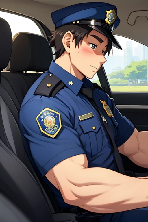  anime-style 、police man、 uncle 、Age 35、police car interior 、While driving、blush