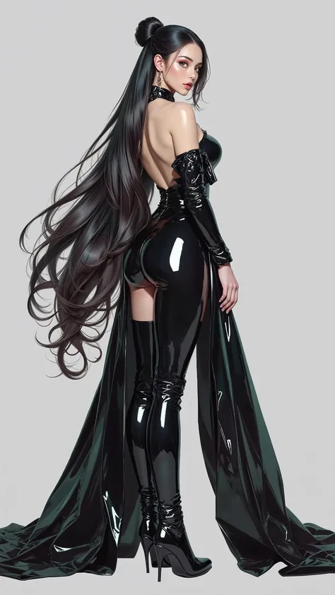 Masterpiece, highest quality, super detailed, 16k, retina, digital artwork, professional lighting, anatomically correct, perfect body details, (1 woman, full body, five fingers, correct number of fingers and arms, , beautiful long black hair reaching to th...