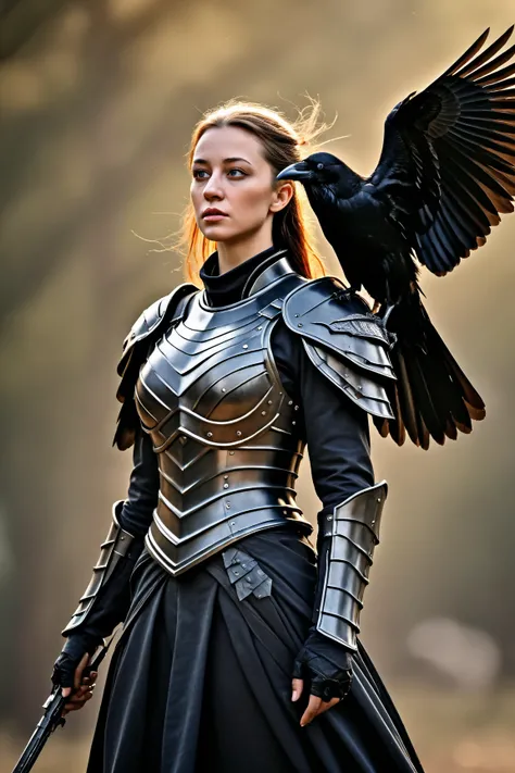  best quality,  high detail,  very detailed,  ultra high definition, accurate,  women wearing full armor with a crow motif。Precise full armor ， background blur, Cinematography,  more details, Reality,  realism , 