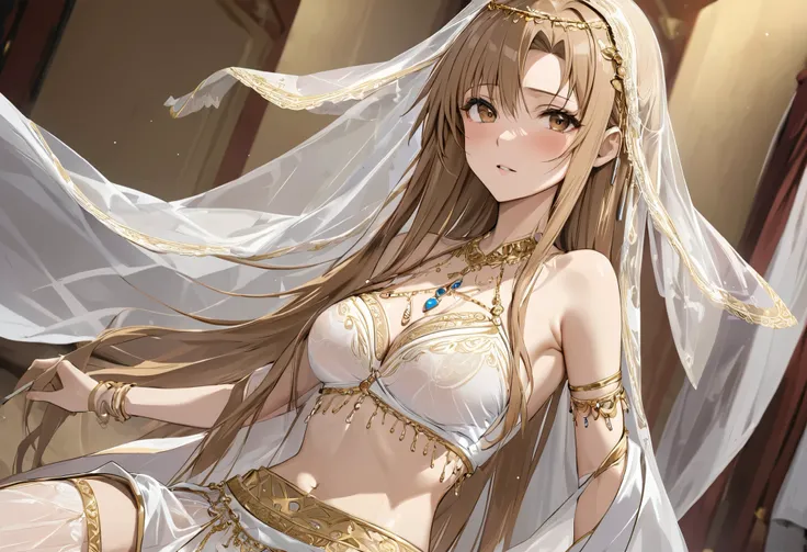 ((Highest quality)), ((masterpiece)), (detailed), （Perfect Face）、The woman is Asuna Yuuki, with bright brown, semi-long hair. She is wearing a fully transparent belly dance costume with luxurious gold embroidery and edging, as well as a veil. She is also w...