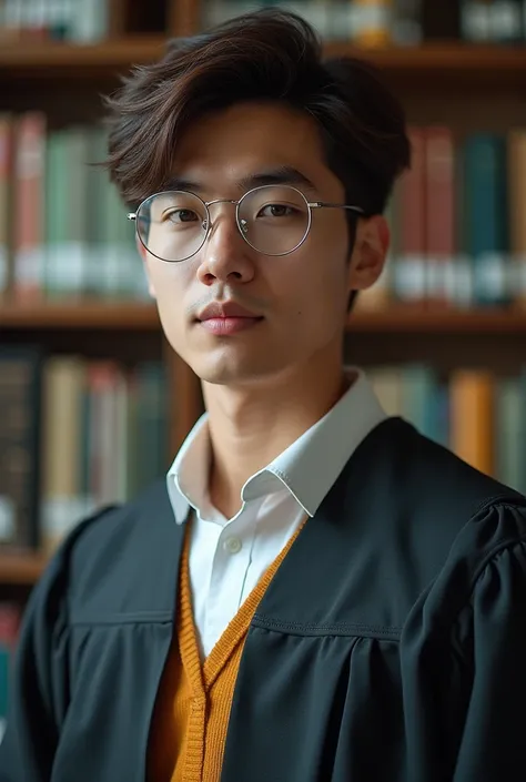 A male college student who likes physics and chemistry, wears a doctorate, has dark brown hair, and wears silver glasses