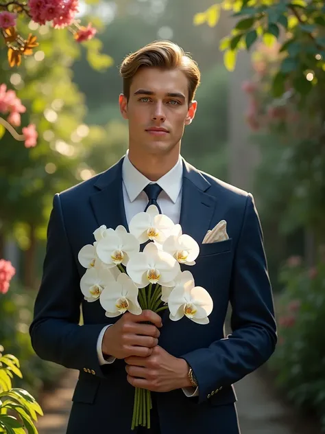  A handsome young man , with blue eyes and dark blond hair, dressed in an Armani suit. He has a large bouquet of white orchids in his hand..  Background: a bright garden 