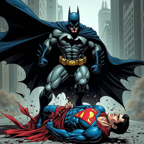 Comics style, Batman beats Superman in a fight, Superman is torn apart by Batman in a fight,  Batman  Defeats  Superman , Batman breaks superman neck