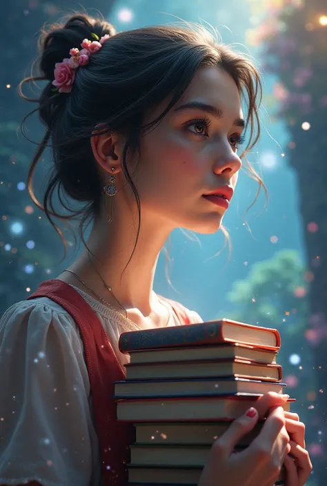 Avatar pour bookstagram. A young adult holding a stack of books in profile with a background that recalls a universe of romance and fantasy. Fantastic item to add 