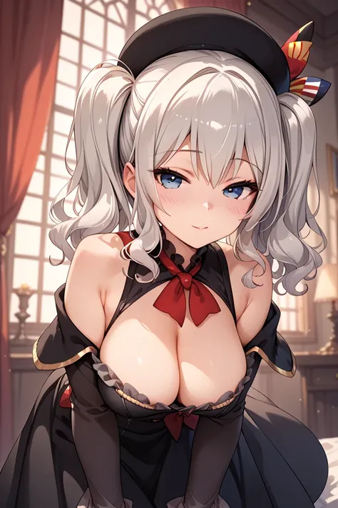  1girl  , alone, masterpiece,best quality, highres icon,highly detailed, kashima, k_hat,black beret,blush, cleavage,Hanging Breasts ,  Witch Uniform,  stretch my chest, Roll up the hem