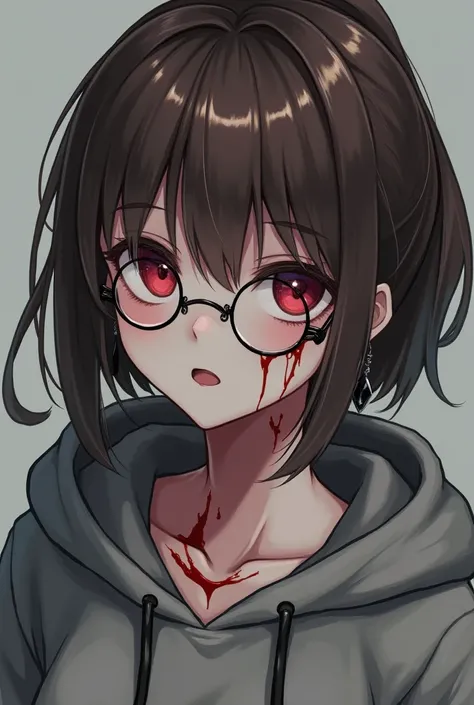 A girl wearing a gray hoodie with brown tied hair and bangs down, have wine red cat eyes, looks so cute and white but cold alot. Wearing a black diamond shaped earrings and a round shaped glass. Covered with blood