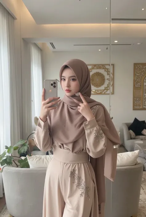 

An elegant and confident Malay Muslimah in full hijab, exuding grace and poise, standing in front of a large mirror in a modern, well-lit room. She is wearing a beautifully tailored, modest outfit in soft, luxurious fabrics—perhaps a flowing abaya in a n...