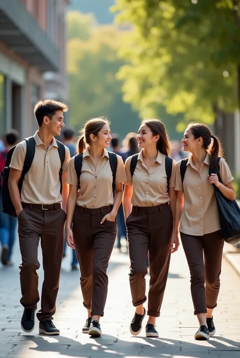 4 students arriving at the school, a boy and three s ,  they arrive at school very happy and talking to each other, They are all wearing a beige blouse and dark brown pants, a pair of black sneakers,  s have their hair tied,  have several other students in...