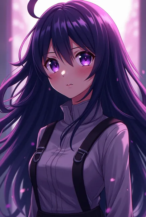 a character from the anime Boku no Hero, with long and very dark violet hair, almost black, with violet eyes and small freckles on the face.