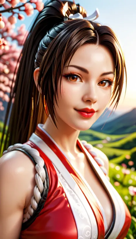 Mai Shiranui, ( best quality,ultra details),  face, ultra-realistic texture, exquisite face ,  detailed athletic body ,  bright colors.  high definition , 8k,  wearing red lipstick , Rosy Cheeks,  detailed background landscape.