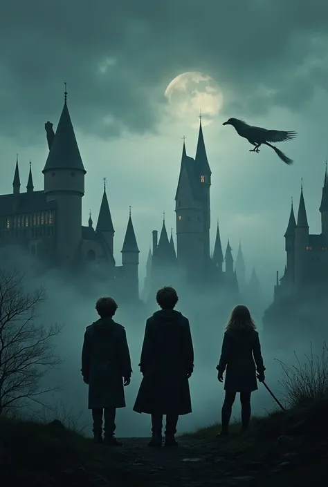 Movie poster of Harry potter where, in the distant there is Dark Hogwards, one wizard flying with broom stick in the sky, Voldemort with his nagin also in the distant in mist, and Harry facing towards us in middle, Ron and Hermione at Harry's two side.