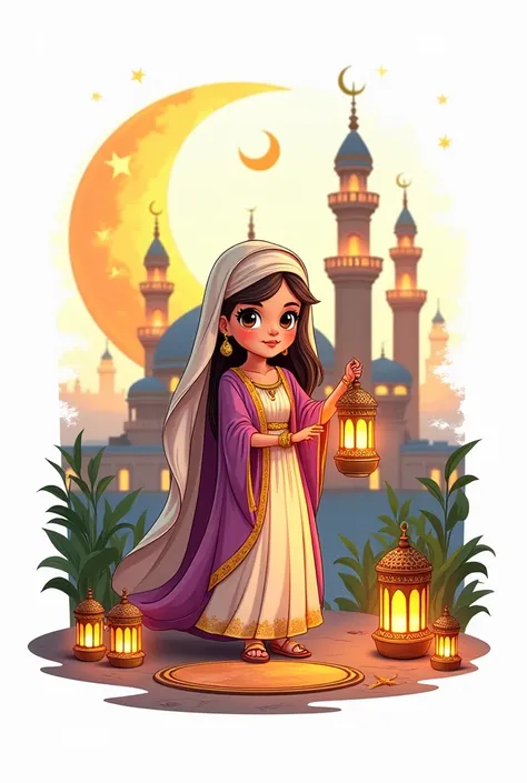 Highly detailed cartoon logo drawing for colorful calligraphic art, Create a logo for an Arab princess holding a lantern with Ramadan elements around her and behind her is a mosque and a moon around her are lanterns and Ramadan cannon. There is a sign that...