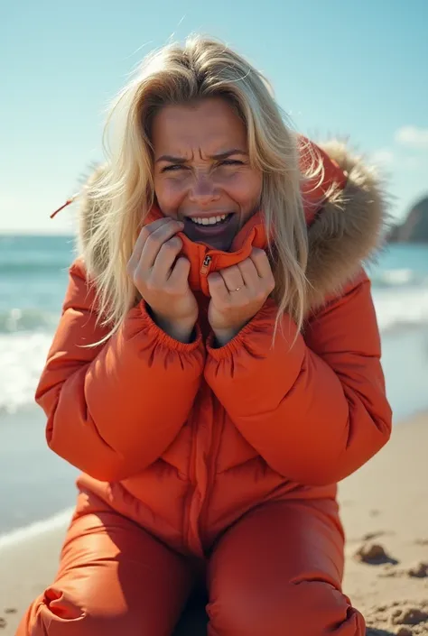 Beautiful blonde woman, crying, kneeling, begging, wearing a very puffy thick high collar zipped up very thick, thick bulky puffy snow suit, thick bulky puffer jacket, zipped high over her neck and mouth, closed zipper, hot sunny beach, zipped all the way ...