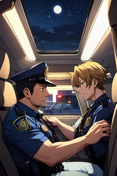  anime-style 、Two police men、 uncle 、They are both 40 years old 、Inside a police car at night、 uncle ポリスが二人でイチャイチャする、 uncle ポリス同士の同性愛