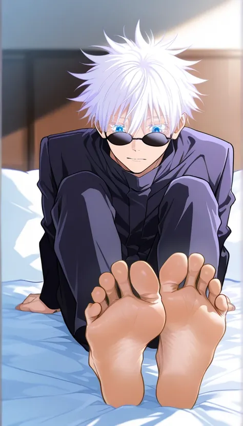 (masterpiece, Highest quality, Ultra-high resolution), 1boy, source_anime \(1boy, gojou satoru, white hair, short hair, spiked hair, blue eyes, colored eyelashes, sunglasses, hair between eyes,, sitting on a bed, barefoot, view of the soles of the feet, pr...