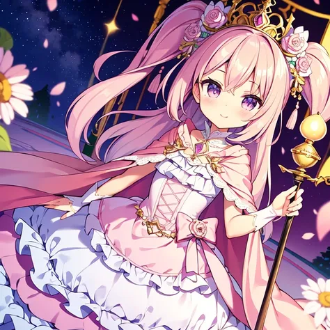 (solo), focus on character, (kawaii), (masterpiece), (best quality), (ultra detailed face), (rococo style gown), (long train pastel pink cape:1.4), (long train white ball gown), wide flared skirt, gown with flower decorations, (a girl is wearing a long cap...