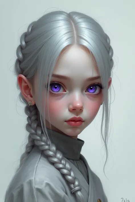 A twelve year old  with silver hair tied in a braid, striking violet eyes 