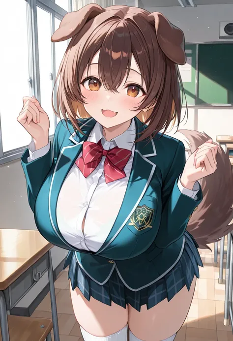 ( best quality , 8k , masterpiece , incredibly absurdres , beautiful woman , perfect body , super detailed skin , highly detailed eyes and face , 1 person ) , Inugami King , original hair color ,  brown hair  ,  dog ear , smile ,  will be happy , ( school ...