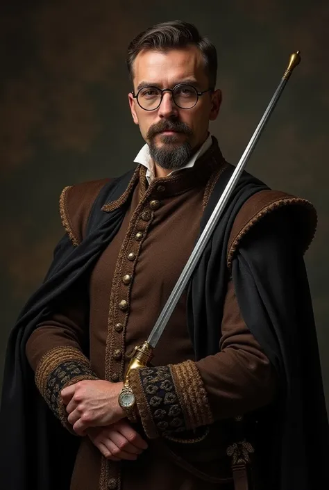 Notary Matej Barbaric, 35 year old, short hair with darker goatee and curved moustache, dressed in rudolphinian fashion of 16th century, with round glasses, and golden rapier at his side with a thick handgun with 7 barells