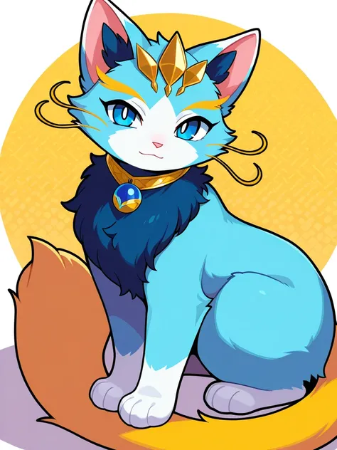 yuumi-default, rating_safe, solo, Yuumi, cat, feline, blue fur, golden whiskers, blue eyes ,cute, pink nose,, looking at viewer, blue fur, chest tuft, yellow whiskers, blonde eyebrows, headgear, necklace, yellow tail tip