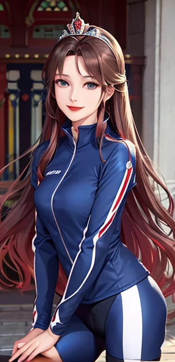 woman queen, long hair brown, smile, red lipstick, she is solo, from alternative world ,best quality, realistic, cycling blue black color suit and cycling sports shorts, queen crown in head