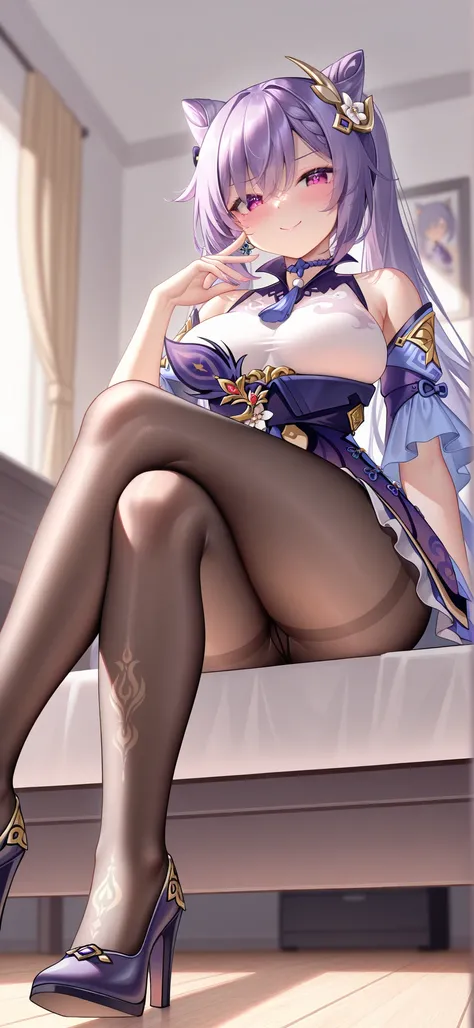 masterpiece, best quality, artists:MeIoN, 1girl, bedroom, Keqing \(Genshin Impact\), pantyhose, crossing legs, looking at viewer, blush, smile, breasts are large, breasts’ headlights, low angle view, whole high heels, whole legs