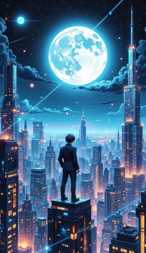 a young man wearing a black suit stood on a building facing the moon, 3D Glow line art, digital shot from above, space colony, 4D rendering,