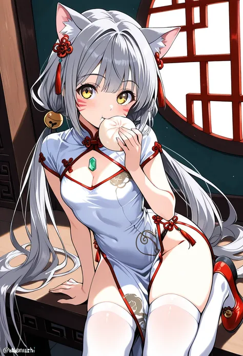 1girl, animal ears, twintails, long hair, very long hair, breasts, yellow eyes, cleavage cutout, small breasts, low twintails, cleavage, cat ears, grey hair, thighs, thighhighs, dress, chinese clothes, china dress, clothing cutout, pelvic curtain, white dr...