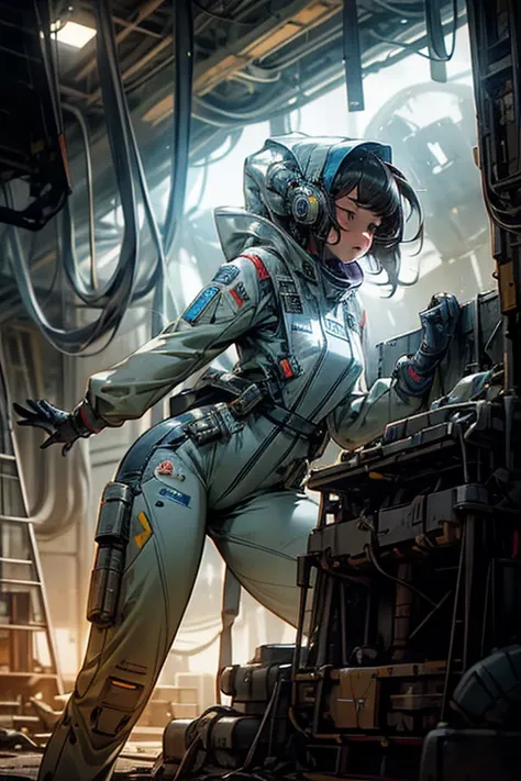  high resolution,  high-detail face , An astronaut girl in a bright jumpsuit repairs a spaceship on an unknown planet,  dynamics, movement, Danger. 