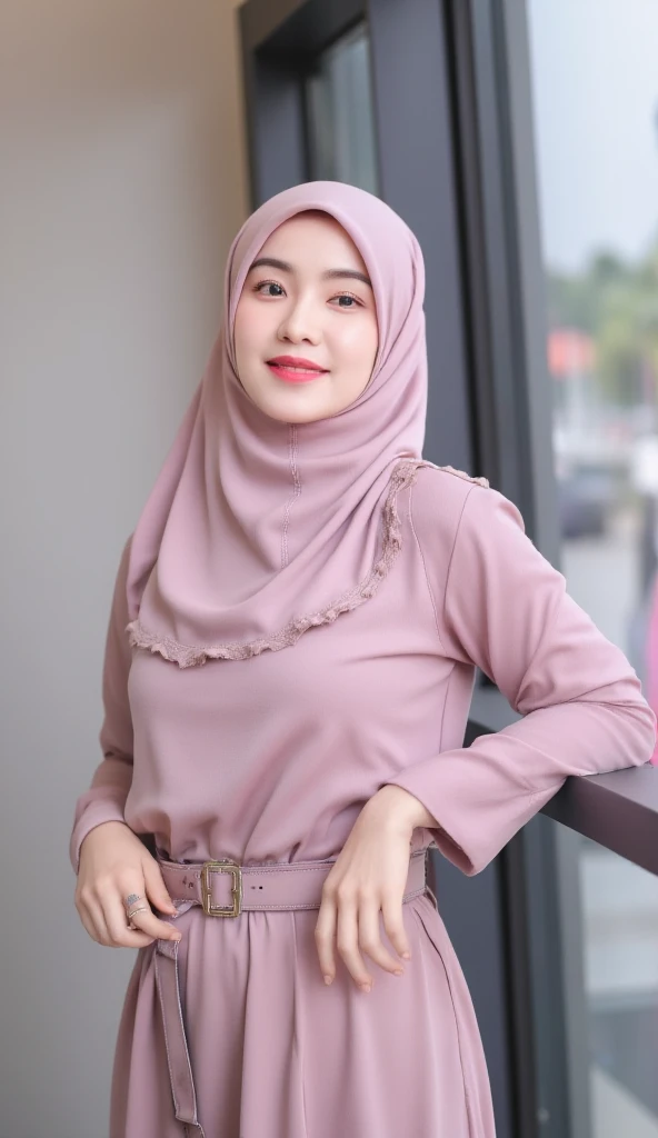 an office lady standing by the window, menggunakan gaun muslim panjang sampai lutut bahan satin  pink, menggunakan rok oversize model maxi bahan satin  pink,  red lips,  uses hijab and niqab satin material to cover hair, necks, and mouth ,  pink,  big boob...