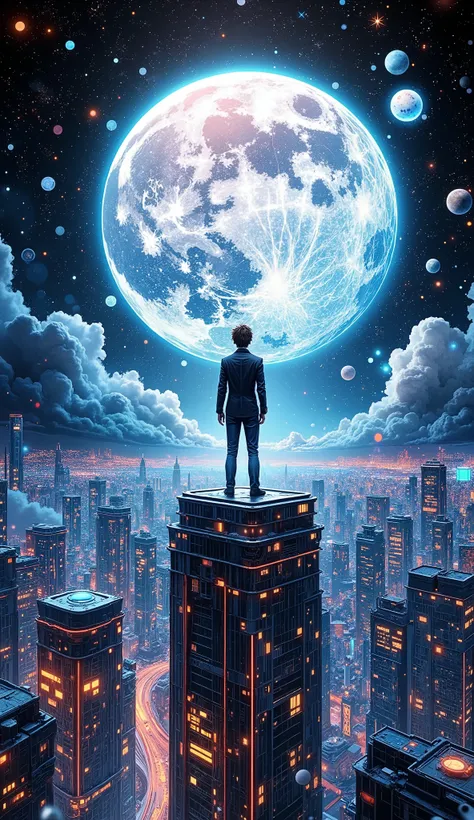 a young man wearing a black suit stood on a building facing the moon, 3D Glow line art, digital shot from above, space colony, 4D rendering,