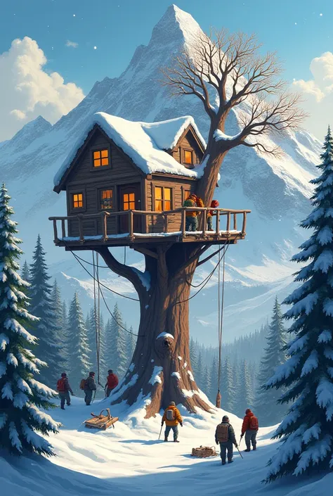 Make an image of a snowy mountain, Men building a tree house; 