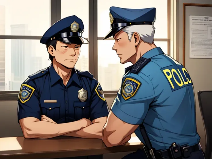  anime-style 、Two police men、 uncle 、45 years old、Well-built、 police station、 True Love、Tired