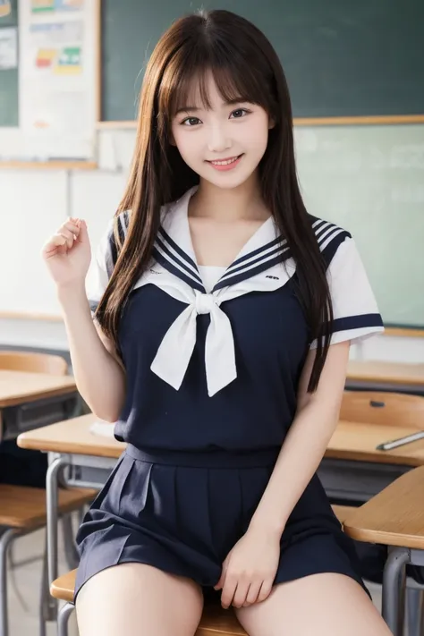  1 girl in the best,  sailor suit、Big Breasts, classroom、smile、Put your hands in your crotch