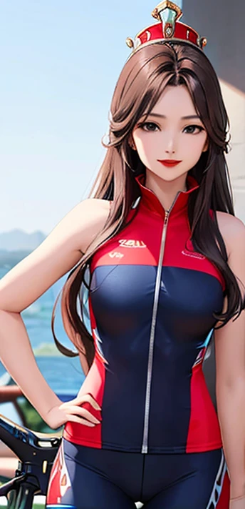 woman queen, long hair brown, smile, red lipstick, she is solo, from alternative world ,best quality, realistic, cycling blue black color suit and cycling sports shorts, queen crown in head