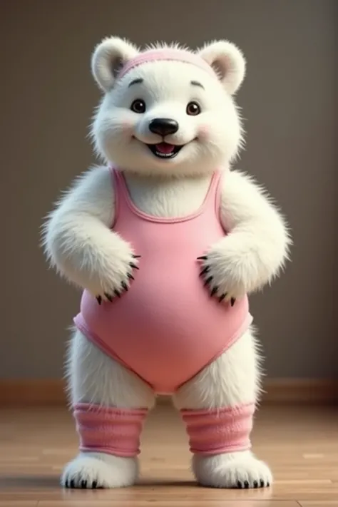  photorealistic portrait of Dressed animals-a ((fat)) (baby polar bear) dancer,(furry),(), (elegant pose:1.5),(front view:1.5), (hands on hips:1.5),(smile:1.5),high quality,(),(lovely) ,intricate details,highly detailed (( pink aerobics leotard)),( wearing...