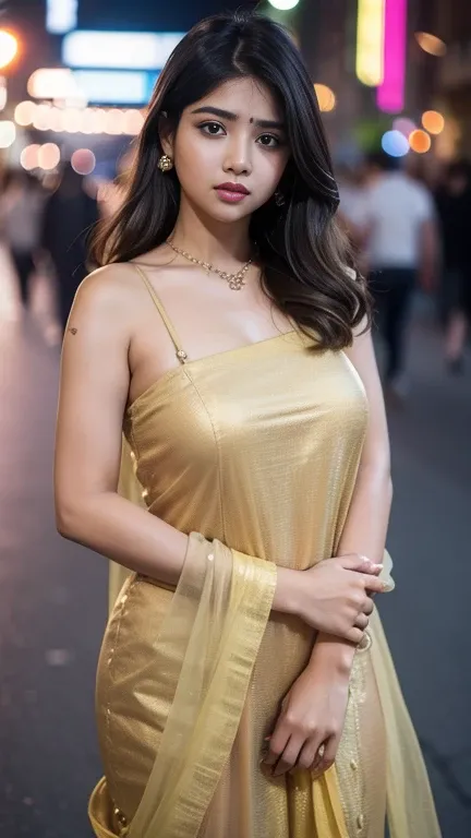 (((Desi Girl))), chubby face, natural skin, Wearing a hot deep neck top and dupatta., Attractive black hair, ((The ends of my hair are blonde)), city street background, bokeh