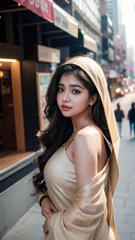 (((Desi Girl))), chubby face, natural skin, Wearing a hot deep neck top and dupatta., Attractive black hair, ((The ends of my hair are blonde)), city street background, bokeh