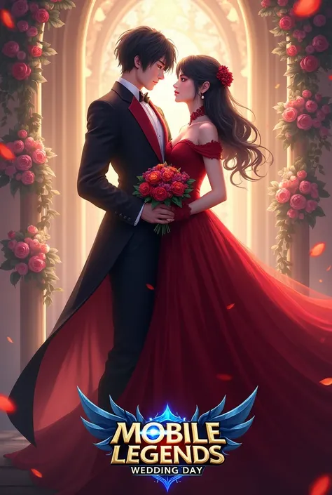 "Create an image of Cecilion and Carmilla from Mobile Legends in a romantic wedding-themed pose. Cecilion has black hair and wears a black-and-red suit, while Carmilla wears a black-and-red elegant dress. The background features a magical wedding setting w...