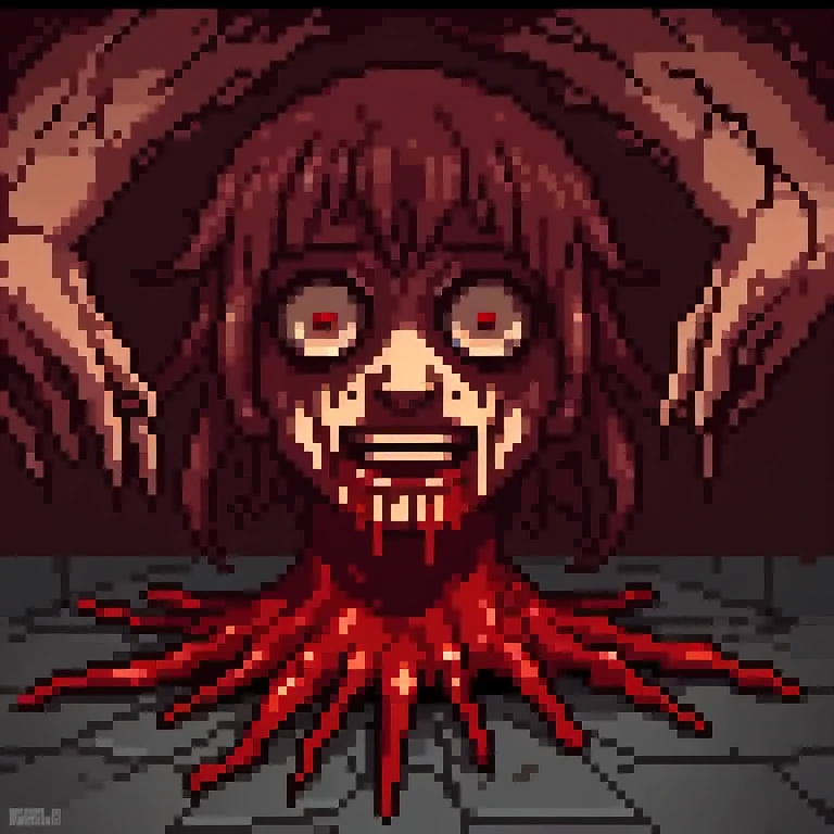 On the bloody floor, spider-like cracks ooze out creepy dark red liquid. Horror movie, hyperrealism, Salvador Dali, dark style, close-up, interlaced shadows.8bit, pixel art