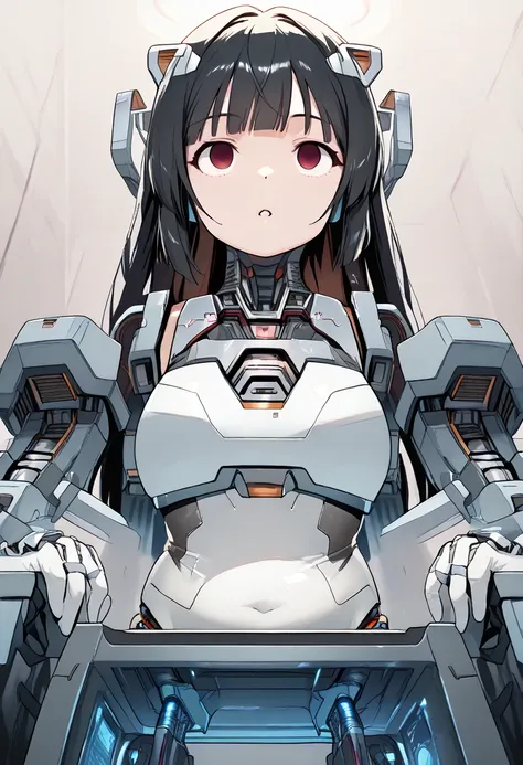 masterpiece, Best Quality, Extremely detailed, 8K portrait,Japaese android girl,Plump , control panels,Robot arms and legs, Blunt bangs,perfect robot girl,a bit chubby,white boots,white gloves,chest monitor,Charging spot,She is exhibits,exibition hall,prom...