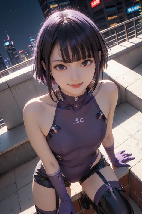  best image quality、 masterpiece、  in ultra high quality、（Shooting Resolution ：1.4）、  in ultra high qualityシネマ、  angle viewed from above、 face close-up、  Cyberpunk Night City 、  girl 、 black hair short wave hair、SILVER SHORTS 、whole body、smile、Character 1 ...