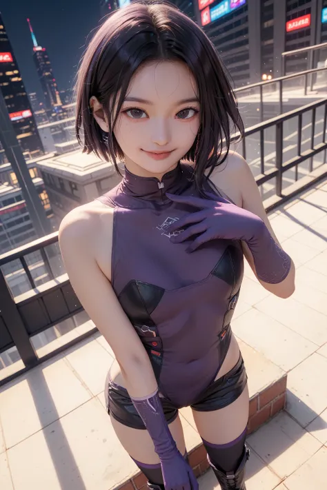  best image quality、 masterpiece、  in ultra high quality、（Shooting Resolution ：1.4）、  in ultra high qualityシネマ、  angle viewed from above、 face close-up、  Cyberpunk Night City 、  girl 、 black hair short wave hair、SILVER SHORTS 、whole body、smile、Character 1 ...