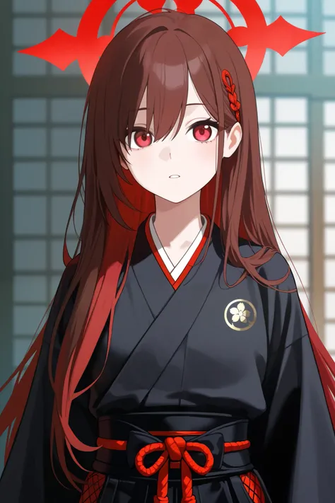 1 girl, Hair length reaches the back, Brown hair and red hair on the edges of the hair, red eyes, but not bright, wear a samurai outfit, หน้าอกไซส์ปานกลาง, have a red halo