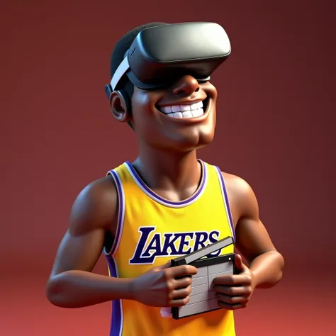  Cartoon character based on Shaquille O'Neal, muito  smiling . wearing a Lakers jersey ,  wearing a virtual reality headset, Holding a clapperboard , As if it were a direct movie .  Image very close to the face ,  well-defined traits ,  animated character,...