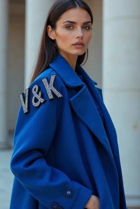 European woman model wearing in a beautiful blue coat with vibrant  rhinestones on the sleevs. V&K lettering