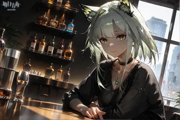 female,(((alone)))((kal'tsit))kal'tsit_\( arknights\), kal'tsit_\(arknights\), greenish gray hair 。 medium hair。(( green eyes))。((((big golden pupils))))。  necklace。first round。 black shirt。( beautiful eyes:1.5),smile,,Photorealistic Background,Bar counter...