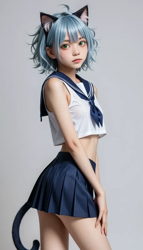 Japanese sailor girl walking the runway、 expression staring at the viewer 、squint、((( FASHION SHOW )))、break (( round face、 beautiful skin、 dark green eyes 、 light blue hair,  messy twin tail hair、Cat ears、 small chest with tension、Separated Breasts 、 tigh...