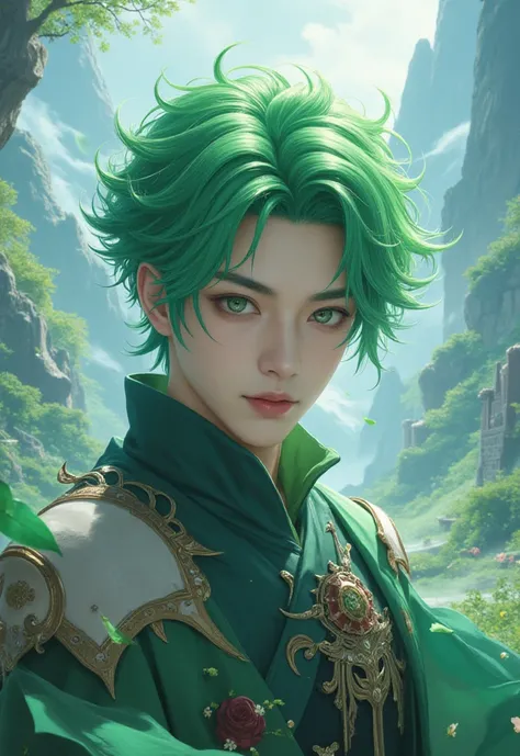 Xiao with green hair in genshin impact 